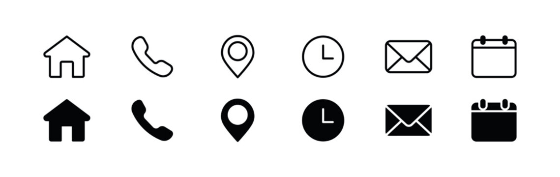 Contact us icon set.  Phone Receiver, Home, Location Pin, Clock, Email and Calendar Icons. Vector Illustration.