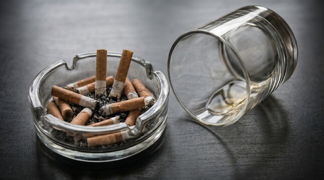 Glass ashtray full of cigarette butts next to a spilled empty whiskey glass on a dark table, substance abuse concept