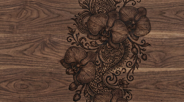 Ornate Floral Mandala Wood Burning Pyrography Pattern on Dark Wood Background