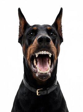 Doberman dog displaying gold grillz with open mouth isolated on white background studio