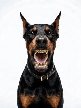 Doberman dog displaying gold grillz with open mouth isolated on white background studio