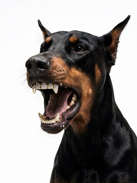 Doberman dog displaying gold grillz with open mouth isolated on white background studio