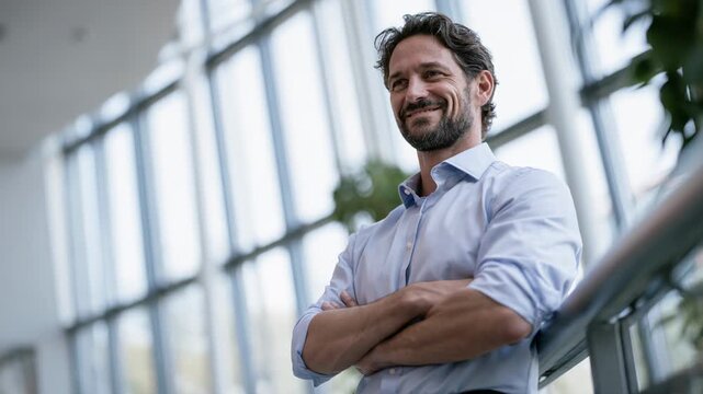 Man standing with arms crossed smiling and looking away in modern office atrium with large glass windows natural daylight corporate lobby interior