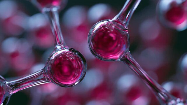 Molecular spheres connecting and rotating in microscopic laboratory environment with glossy pink transparent bonds