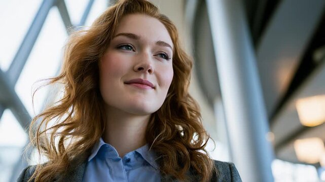 Young woman smiling and gazing upward inside modern office atrium with structural beams and large windows