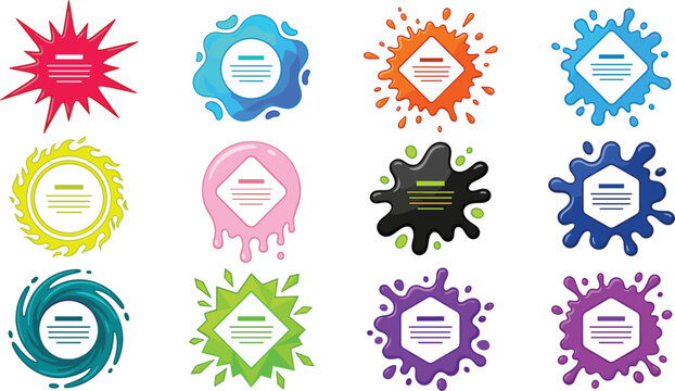Colorful splash liquid and paint droplet vector sticker set featuring slime frames geometric shapes for price labels
