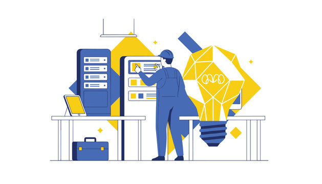 Worker in blue overalls interacting with a server rack and a large lightbulb for technical support, innovation, and IT solutions.