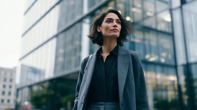 Businesswoman walking confidently past glass office building in urban business district during morning commute