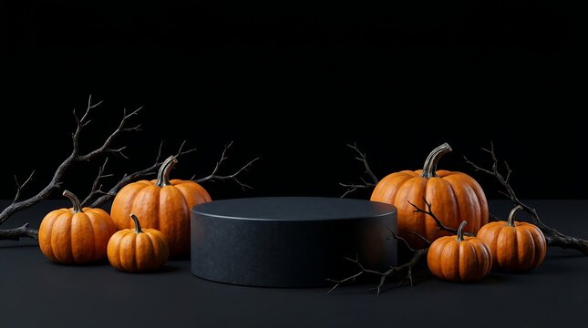 Halloween podium with pumpkins on black background