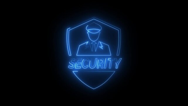 Glowing blue neon security shield icon with guard officer avatar text line art on black background animation.