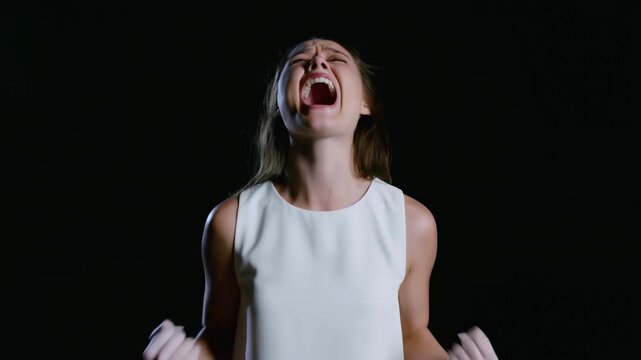 Emotional release: woman experiencing joyful transformation in white dress
