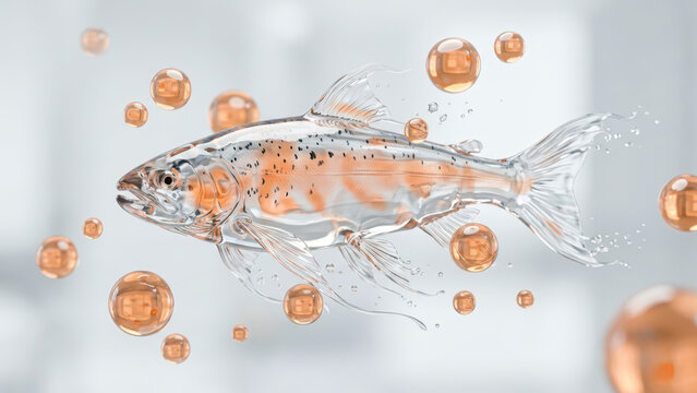 Transparent salmon fish with floating amber spheres, polynucleotide skincare science, marine dna extraction, pdrn dermal booster treatment, cellular renewal research, antiaging cosmetic serum
