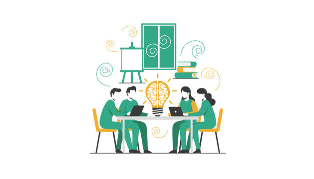 Business team brainstorming around a table with laptops and a glowing lightbulb idea symbol while books and a whiteboard sit in the background for creative collaboration.