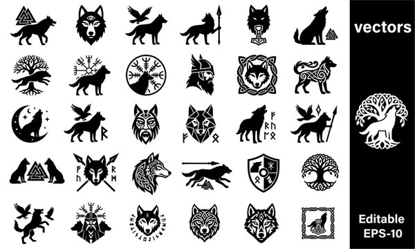 Black wolf icons and logos with trees birds runes shields and helmets  collection of vector graphic designs for tattoo or emblems