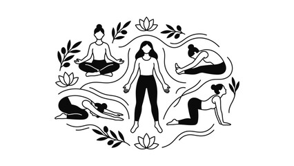Obraz premium Yoga Poses and Mindfulness Illustration - Healthy Lifestyle and Wellness Concept