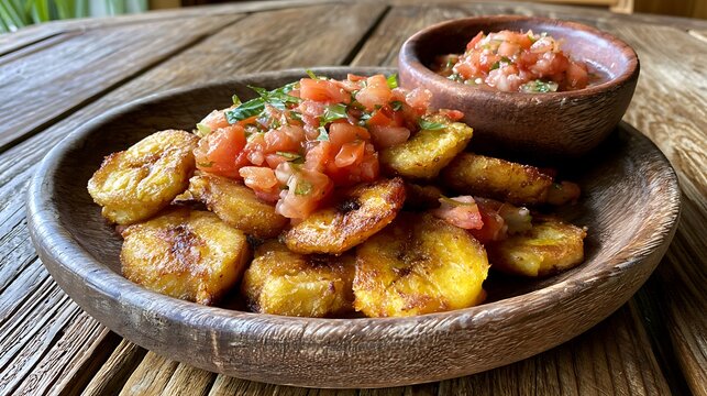 Fried plantain tostones with pico de gallo served in a wooden bowl