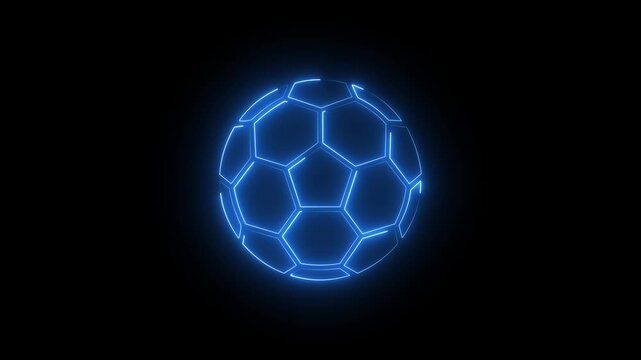 Blue neon soccer ball icon sign with glowing football sport outline isolated on black background.