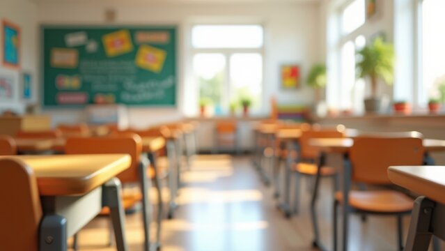 brightly lit modern empty elementary classroom setting with neat wooden desks anticipating back to school perfect for educational advertising copy placement