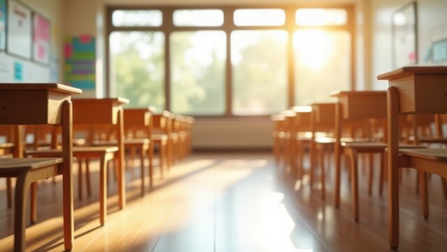bright empty sunlit elementary classroom ready for back to school teaching setup wooden desks rows natural light anticipation workspace design background