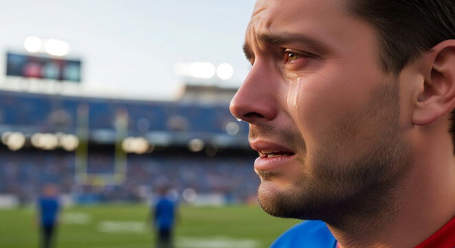 A close-up profile view of a focused male athlete standing on a stadium field during a daytime sports event.