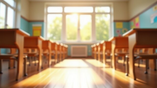 bright sunlit empty elementary classroom with neat wooden desks perfect for back to school advertising copy space concept