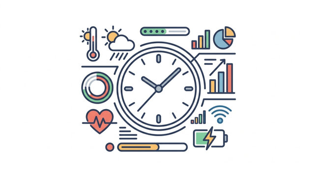 Clock with surrounding icons representing data and technology.