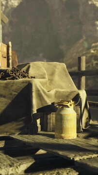 In a rustic mining location, a wooden cart sits on a weathered platform. Tools, chains, and a metal canister are arranged on a draped surface, illuminated by soft, natural light.