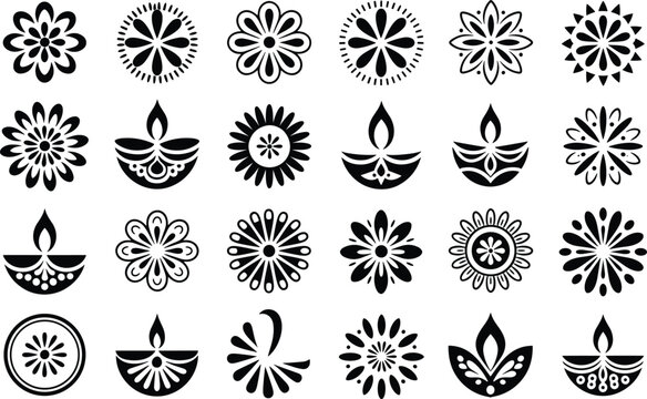 Collection of twenty four decorative floral and diya motifs for diwali celebration