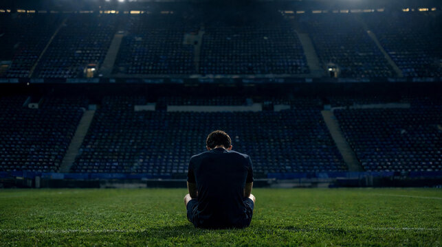 Sad soccer player sitting alone on empty stadium field, disappointment, defeat, sports, athletic, stadium seats, copy space, cinematic lighting, dramatic, sports photography