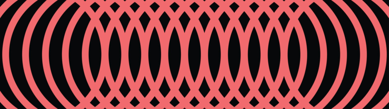 Abstract interlocking circle pattern background. Elegant pink overlapping ring design creating rhythmic geometric symmetry on a black backdrop. Modern vector texture for technology, branding, fashion,