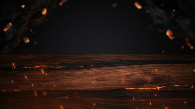 Dark wood table with fire sparks for Halloween