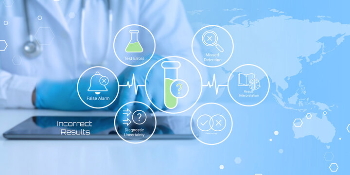Medical diagnostic errors illustrated with false alarms test mistakes and misinterpretation on digital interface