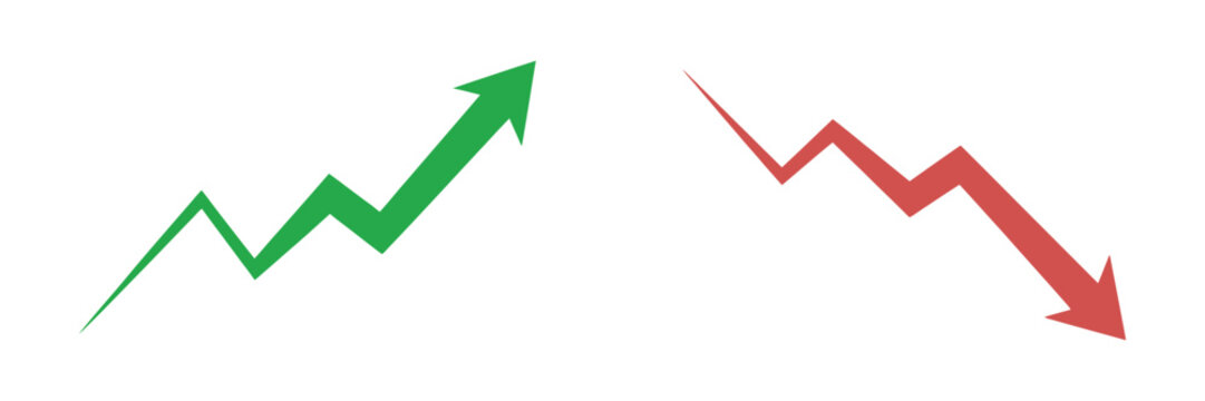 Green arrow trending up red arrow trending down vector illustration, opposing direction symbols for finance growth decline, analytics, and market trends