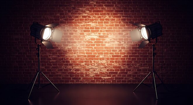 Spotlight beams on empty brick wall in dramatic studio setting