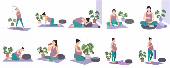 Fototapeta premium Vector set of a pregnant woman practicing prenatal yoga, meditation, and healthy lifestyle routines at home