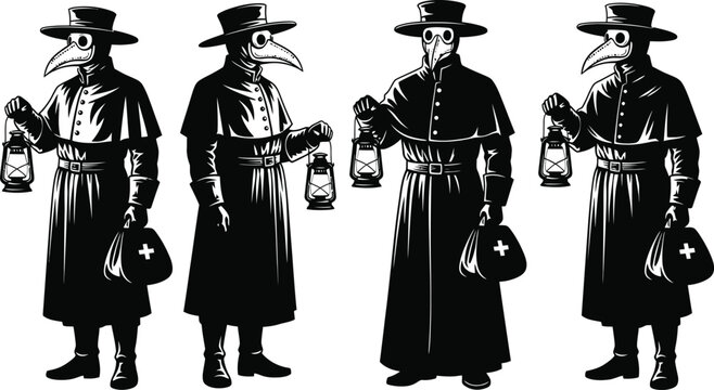Four Black Plague Doctor Illustration Characters Holding Lanterns with Candles in Dark Robes and Masks for Historical Art