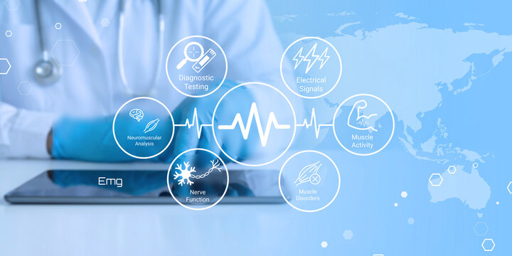 Modern medical electromyography emg technology analyzing neuromuscular functions through diagnostic testing and muscle activity signals