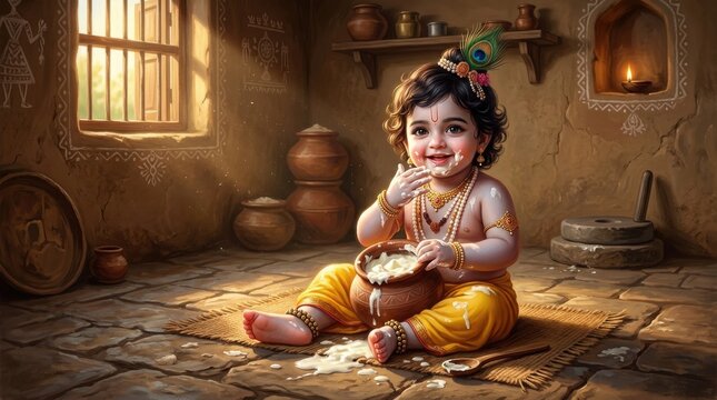 Adorable baby krishna eating makhan from an earthen pot in a traditional home