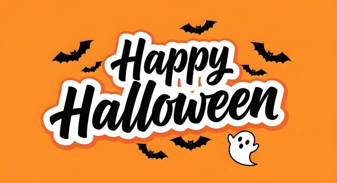 Happy halloween typography logo design with bats and a cute ghost on orange background