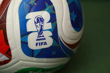 Fototapeta premium The official match ball of the 2026 FIFA World Cup against the background . 09 June, 2026 -Minsk Belarus.