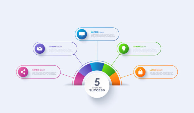 Vector infographic label design with semicircular infographic template with 5 options or steps. Vector template for process diagrams, presentations and workflows