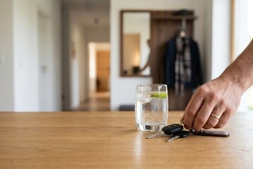 Fototapeta premium Driver placing car keys beside glass of sparkling water on wooden table