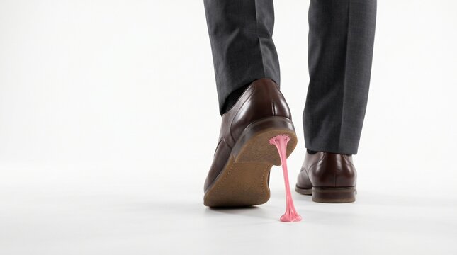 Businessman stepping on pink bubblegum on white background