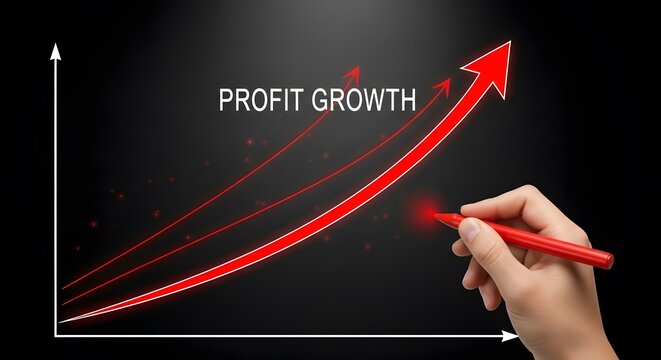 Hand drawing red profit growth graph on blackboard background