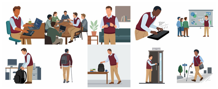 Set of business office scenes and inclusive workplace illustrations with blind employees using braille keyboard and walking canes