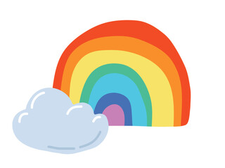 Fototapeta premium Bright childrens rainbow in 7 colors with cute cloud. Cheerful weather. Vector illustration for birthday card, nursery wall decor, kindergarten poster, baby shower invitation, cheerful fabric print