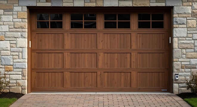 Modern wooden garage door set in stone and brick exterior with clean lines