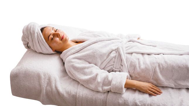 Woman enjoying spa treatment with towel wrap, isolated on transparent background