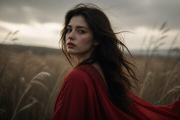 Fototapeta premium A young woman with long dark hair is standing in a field of tall grasses under an overcast sky.
