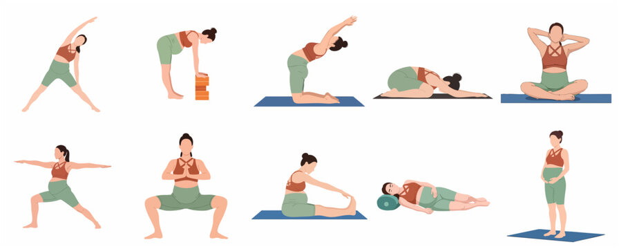 Set of prenatal yoga poses and exercises for pregnant women, flat vector illustration of pregnancy fitness and wellness routine isolated on white background